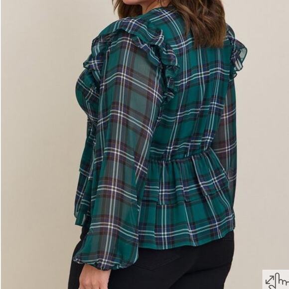 Torrid Ruffled Chiffon Green Plaid Peplum Blouse feminine academia, plus size - Picture 3 of 12
